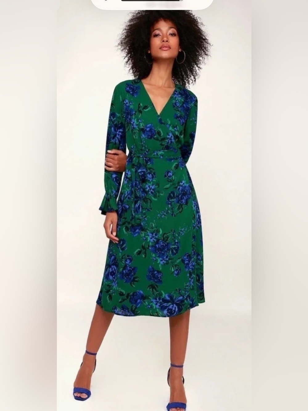 Lulus Floral Wrap Midi Dress in Green and Blue